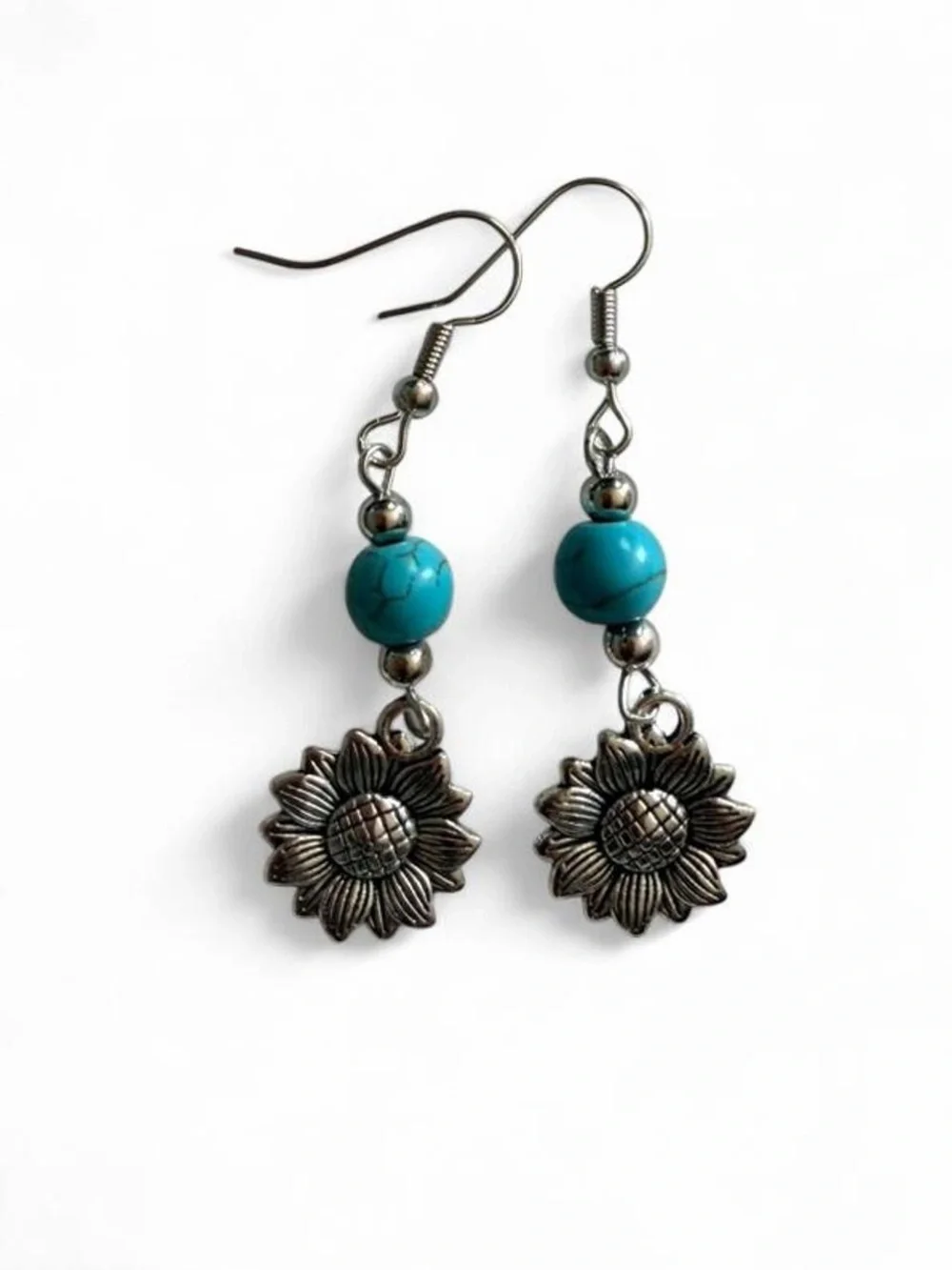 Handmade Turquoise & Silver Sunflower Dangle Drop Earrings OOAK